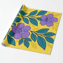 Papel De Presente Purple Flowers & Teal Leaves on Yellow Background
