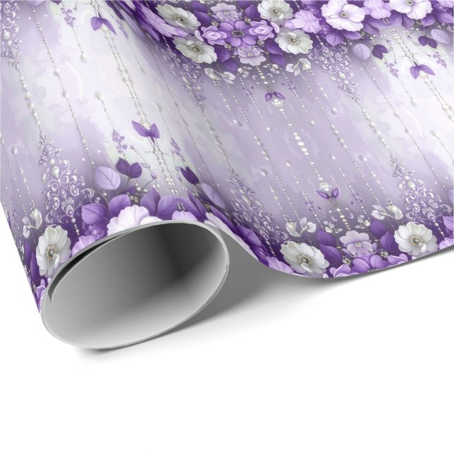 Papel De Presente Purple Flowers with Dangling Pearls Wrapping Paper (Ponta do rolo)
