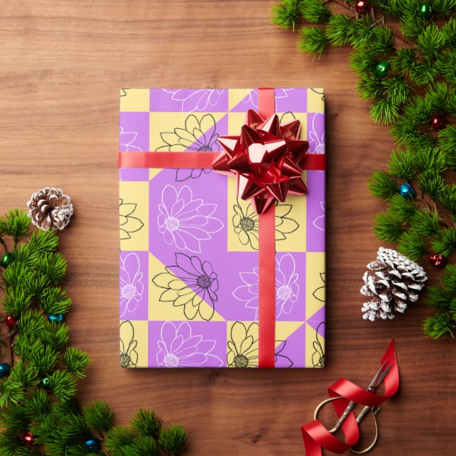 Papel De Presente Purple gold Flower seamless Checkerboard pattern (Presente de Natal)