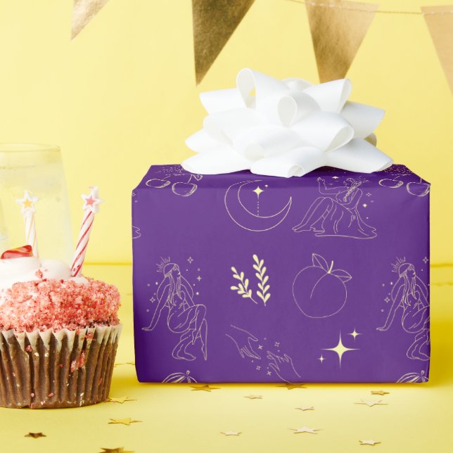 Papel De Presente Purple Gold Goddess Tattoo Pattern  (Festa de aniversário)