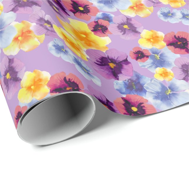 Papel De Presente Purple Pansies Elegant Watercolor Boho Violet (Ponta do rolo)