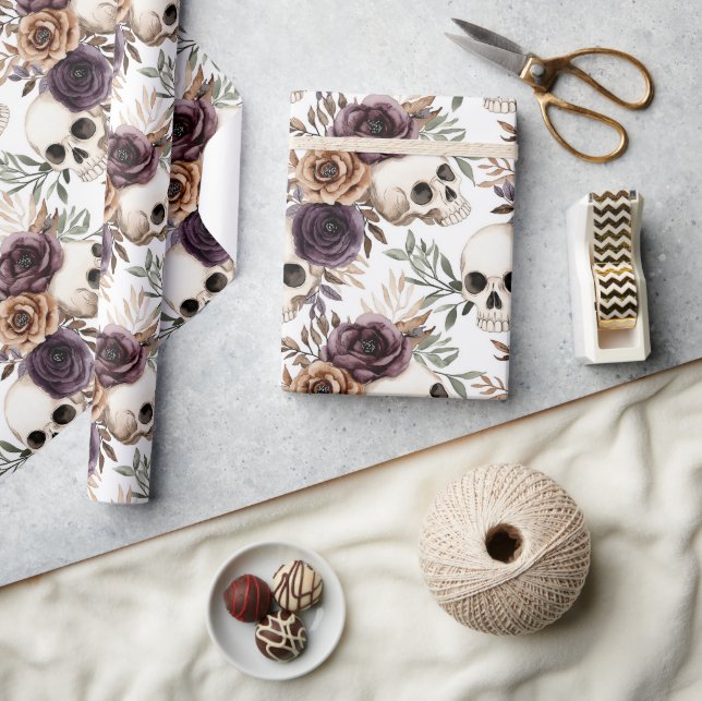 Papel De Presente Purple Tan Floral Skulls Birthday (Artesanato)