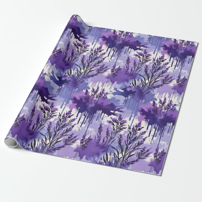 Papel De Presente Purple Watercolor with Florals (Desenrolado)