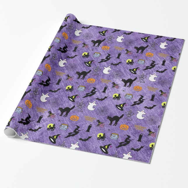 Papel De Presente Púrpura Ícnica do Halloween Aleatória (Desenrolado)
