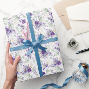 Papel De Presente Púrpura Pastel Delicada Folha de Ouro Botânica Flo