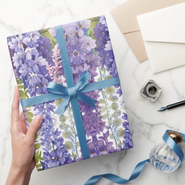 Papel De Presente Púrpura púrpura esmerilada azul-floral (Presentear)