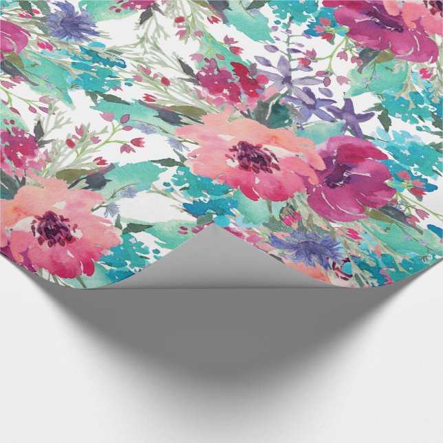 Papel De Presente Púrpura rosa e azul aquarela Padrão Floral (Ponta)