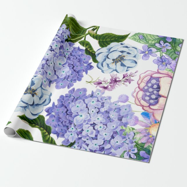 Papel De Presente Púrpura, Rosa, Flores De Jardim Azul (Desenrolado)