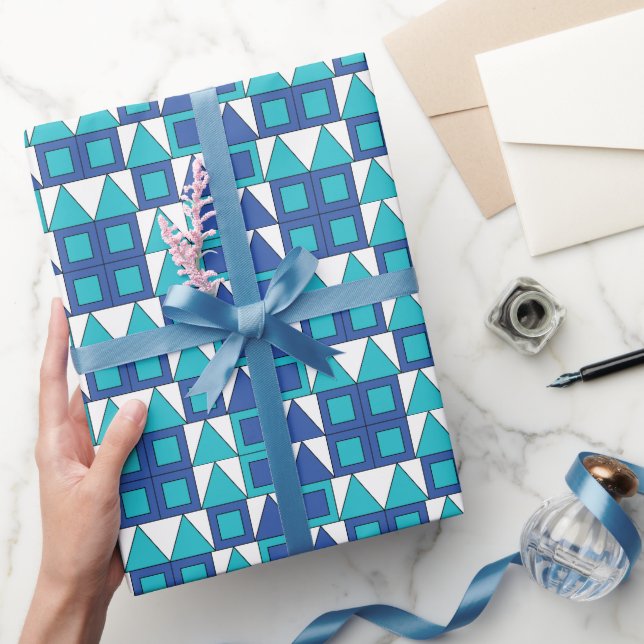 Papel De Presente Quadrado Azul Turquesa Triângulo Geométrico (Presentear)