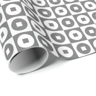 Papel De Presente Quadrado e Círculo Cinza e Branco