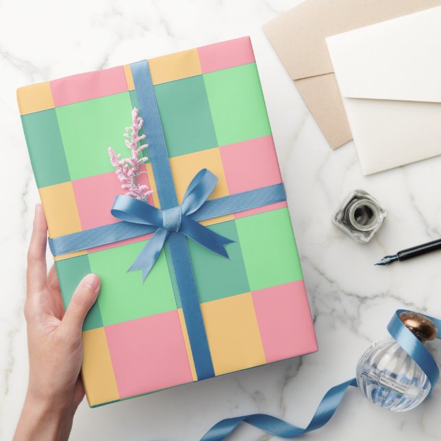 Papel De Presente Quadrados Amarelos Azuis Vermelhos Cor-de-Rosa (Presentear)