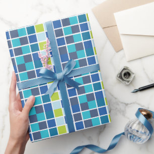 Papel De Presente Quadrados Azuis e Verdes Xadrez Aniversário