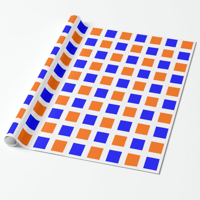 Papel De Presente Quadrados - Azul e Laranja em Branco (Desenrolado)