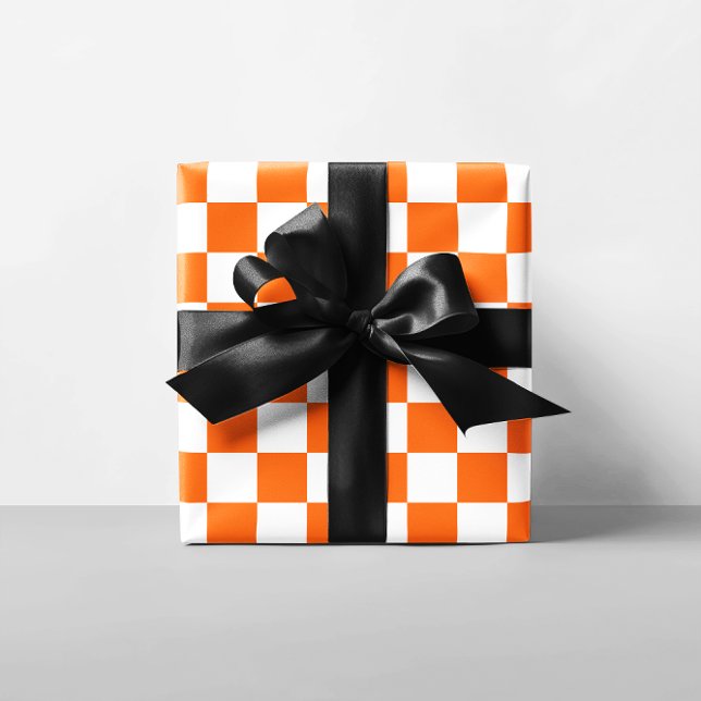 Papel De Presente Quadrados Checados Laranja e Branco (Orange and White Checkered Squares Wrapping Paper)