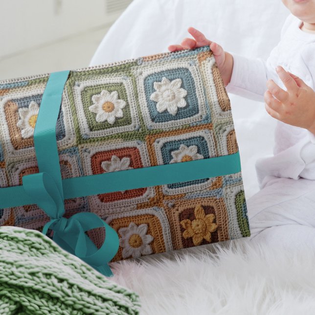 Papel De Presente Quadrados De Avó De Crochet De Retrato, Com Mantei (Criador carregado)