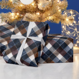 Papel De Presente Quadrados de Natal Azuis Marrons Brancos Cinzas