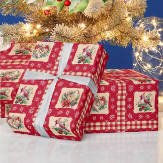 Papel De Presente Quadrados do Cardeal e Floral Wreath Gingham