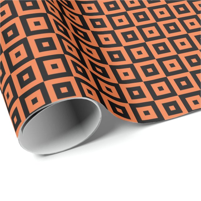 Papel De Presente Quadrados Geométricos Art Déco Laranja e Preto (Ponta do rolo)