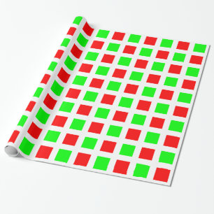 Papel De Presente Quadrados - Vermelho e Verde em Branco