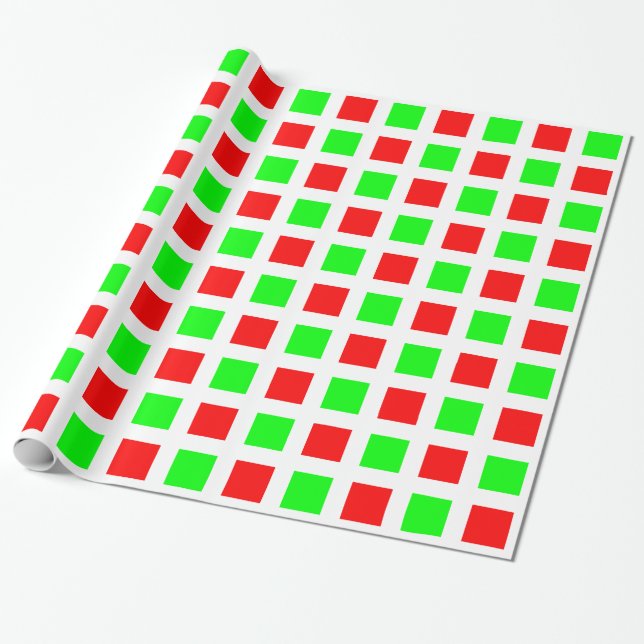 Papel De Presente Quadrados - Vermelho e Verde em Branco (Desenrolado)