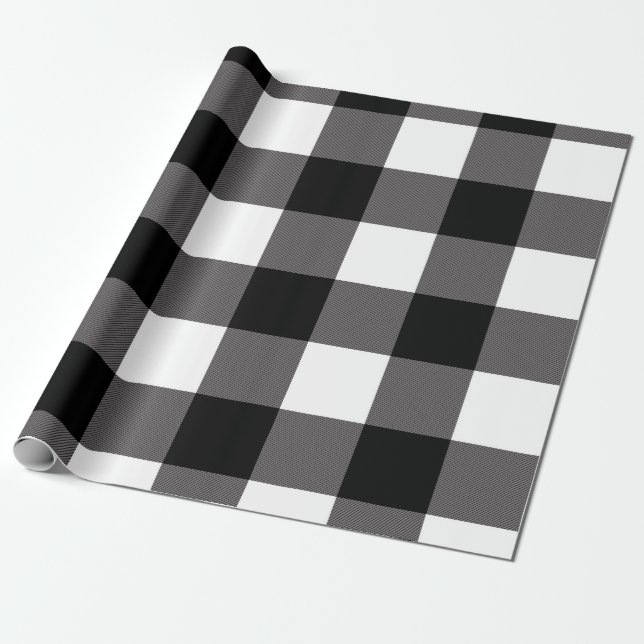 Papel De Presente Quadrados Xadrez Preto e Branco Plaid Búfalo (Desenrolado)