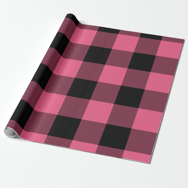 Papel De Presente Quadrados Xadrez Rosa e Preto Plaid Búfalo (Desenrolado)