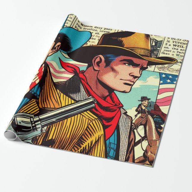 Papel De Presente Quadrinhos de Cowboy Vintage (Desenrolado)
