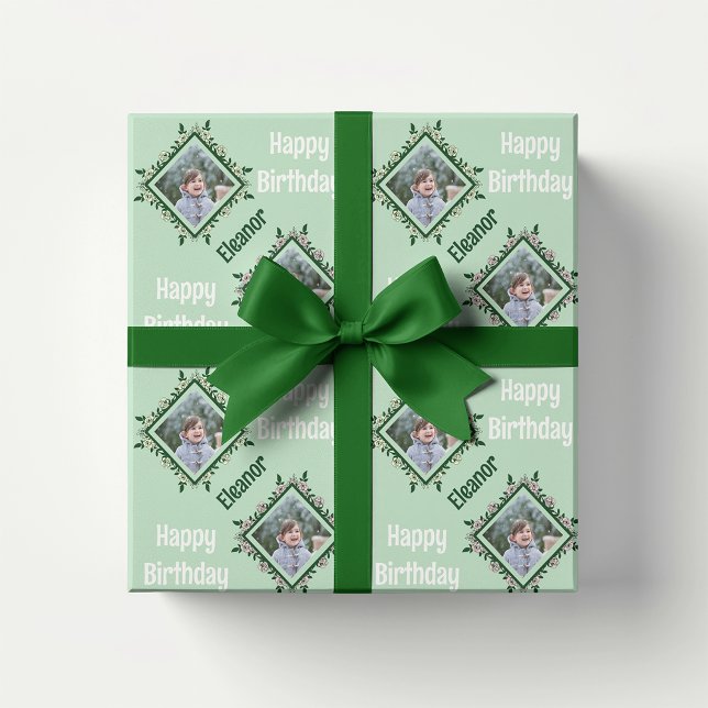 Papel De Presente Quadro de Fotos Floral Feliz Aniversário (Criador carregado)