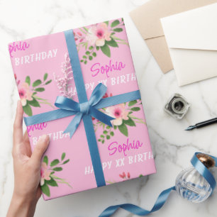 Papel De Presente Qualquer Aniversário, Nome, Flor Aquarela Rosa