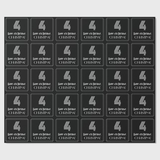 Papel De Presente Quarto aniversário: Art Deco Inspira "4" com nome (Aberto)