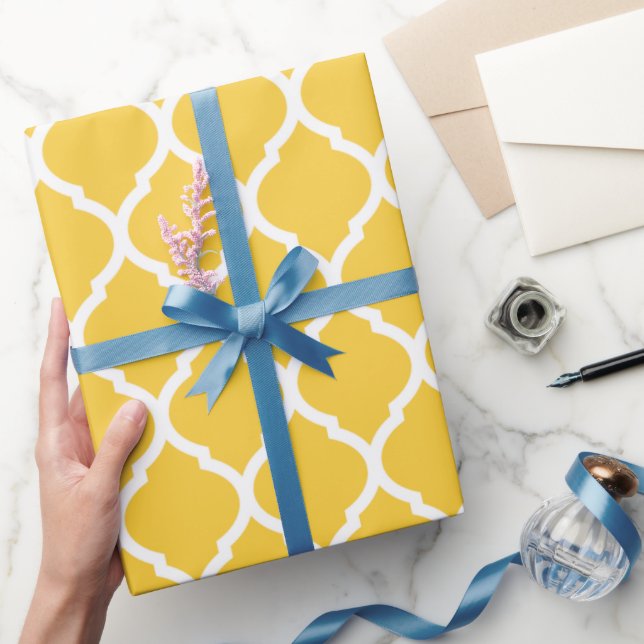 Papel De Presente Quatrefoil marroquino amarelo e branco (Presentear)