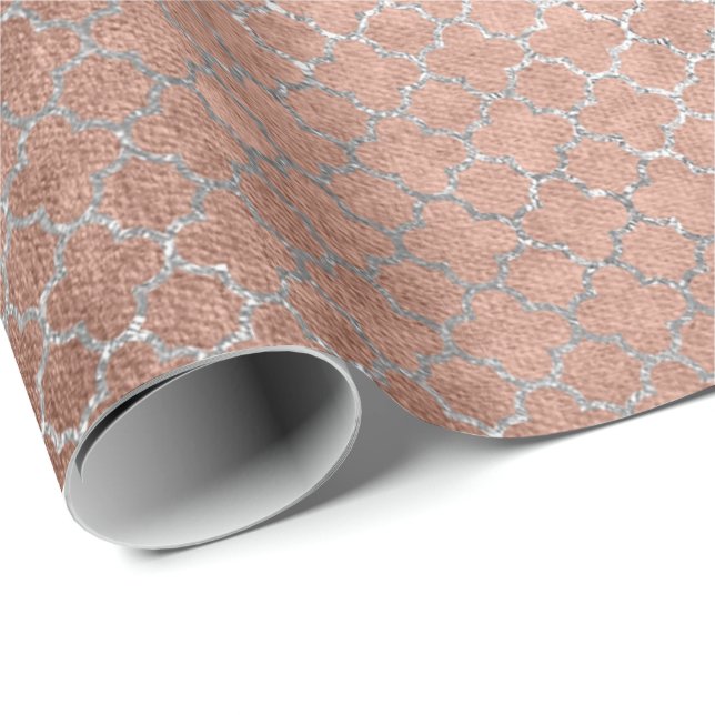 Papel De Presente Quatrefoil Prata Glam Rosa Rosa Dourada Brilhante (Ponta do rolo)