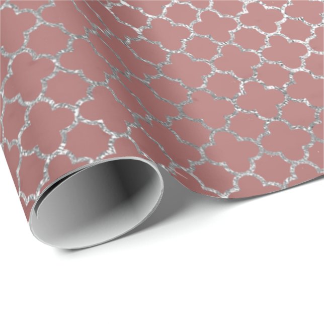 Papel De Presente Quatrefoil Prata Glam Rosa Rosa Dourada Brilhante (Ponta do rolo)