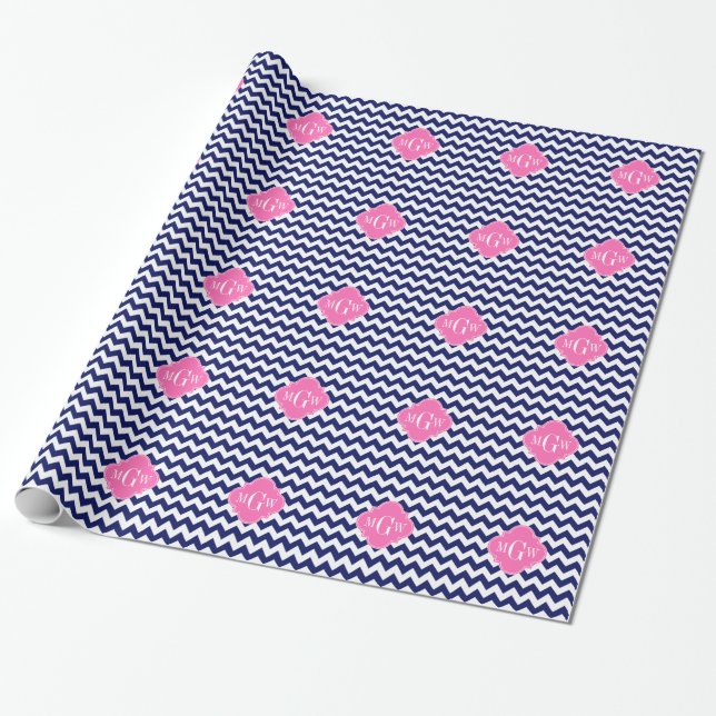 Papel De Presente Quatrefoil Rosa Quente-Rosa Branco marinho 3 Monog (Desenrolado)