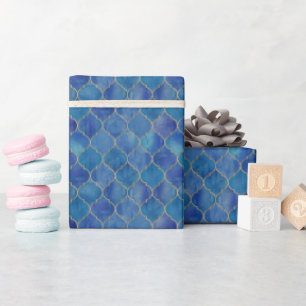 Papel De Presente Quebra de Azulejo em Marrocos Azul e Dourado