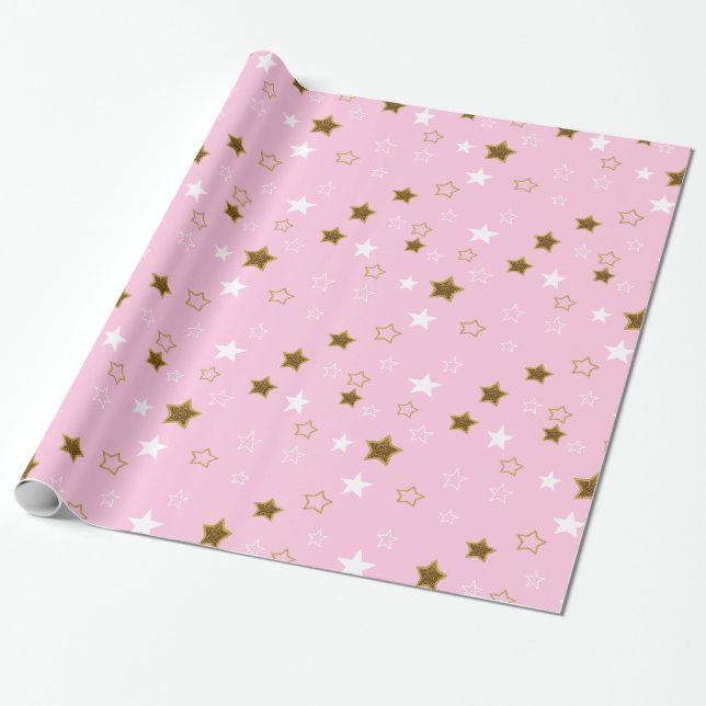 Papel De Presente Quebra de presente de estrelas rosa e Dourada (Desenrolado)