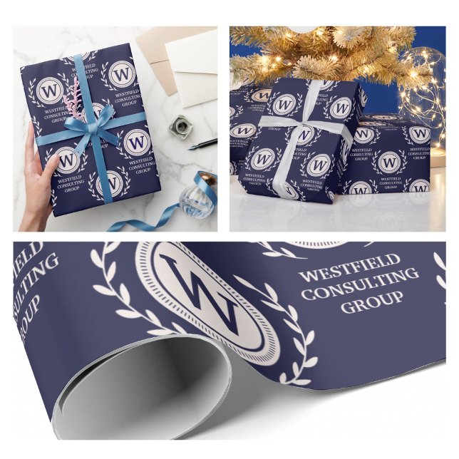 Papel De Presente Quebra de Presente do Monograma Profissional Elega (Professional Elegant Business navy blue corporate marketing advertising swag modern simple wrapping )
