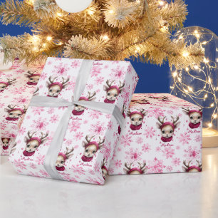 Papel De Presente Quebra de Presente Personalizada de Reindeer Rosa