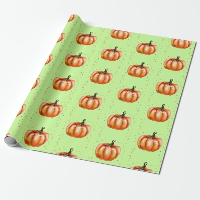 Papel De Presente Queda Aquarela Pumpkins Verde (Desenrolado)