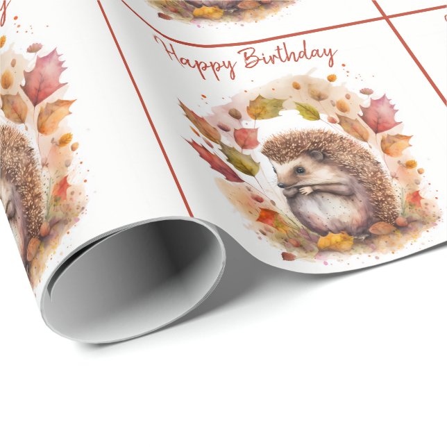 Papel De Presente Queda / Autumn Vibes Hedgehog - Feliz Aniversário (Ponta do rolo)