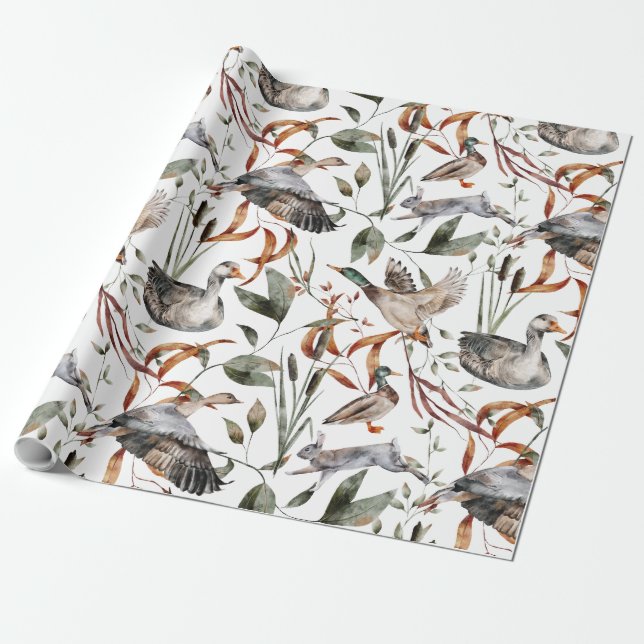 Papel De Presente Queda de Aquarela Foliage Autumn Mallard Duck Gees (Desenrolado)