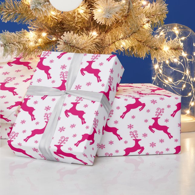Papel De Presente Quente Branco e Rosa Inverno Natal Rena (Feriados)