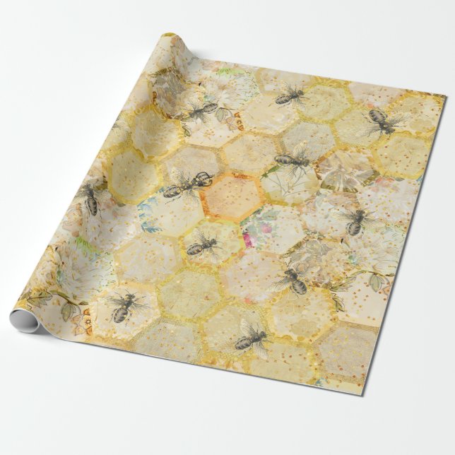 Papel De Presente Querida Rainha Bee Floral Honeycomb Dourado (Desenrolado)