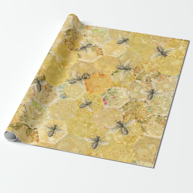 Papel De Presente Querida Rainha Bee Floral Honeycomb Dourado (Desenrolado)