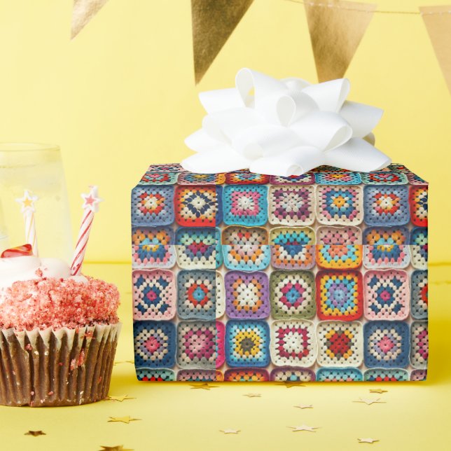 Papel De Presente Quilt Quadrado de Vovó Multicolorido Crocheted (Festa de aniversário)