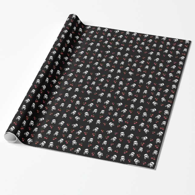 Papel De Presente RAB Rockabilly Caveiras e Cerejas em Preto (Desenrolado)