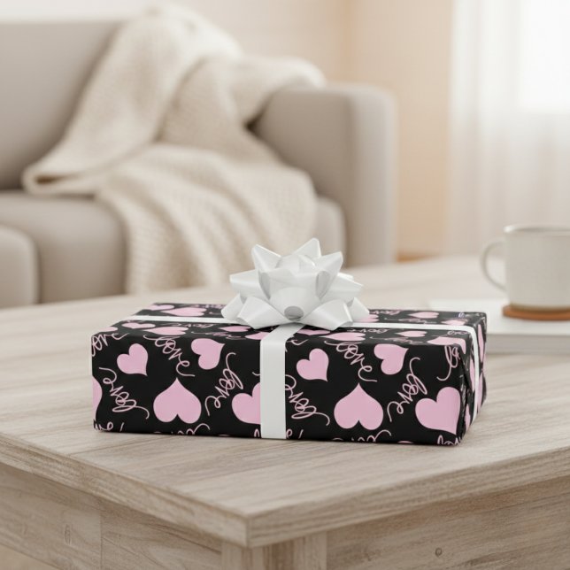Papel De Presente Rabiscos Caprichosos de Coração Rosa Escrita de Am (Whimsical Pink Heart Doodles Love Script Wrapping Paper)