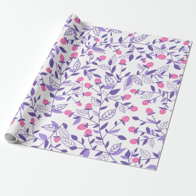 Papel De Presente Rabiscos flóricos cor-de-rosa e violeta (Desenrolado)