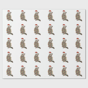 Papel De Presente Raccoon Felry Christmas Lights Santa Hat Xmas Snow