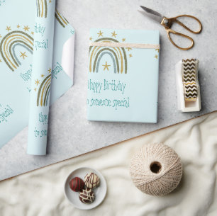 Papel De Presente Rainbow Blue Dourado Parabéns Especial